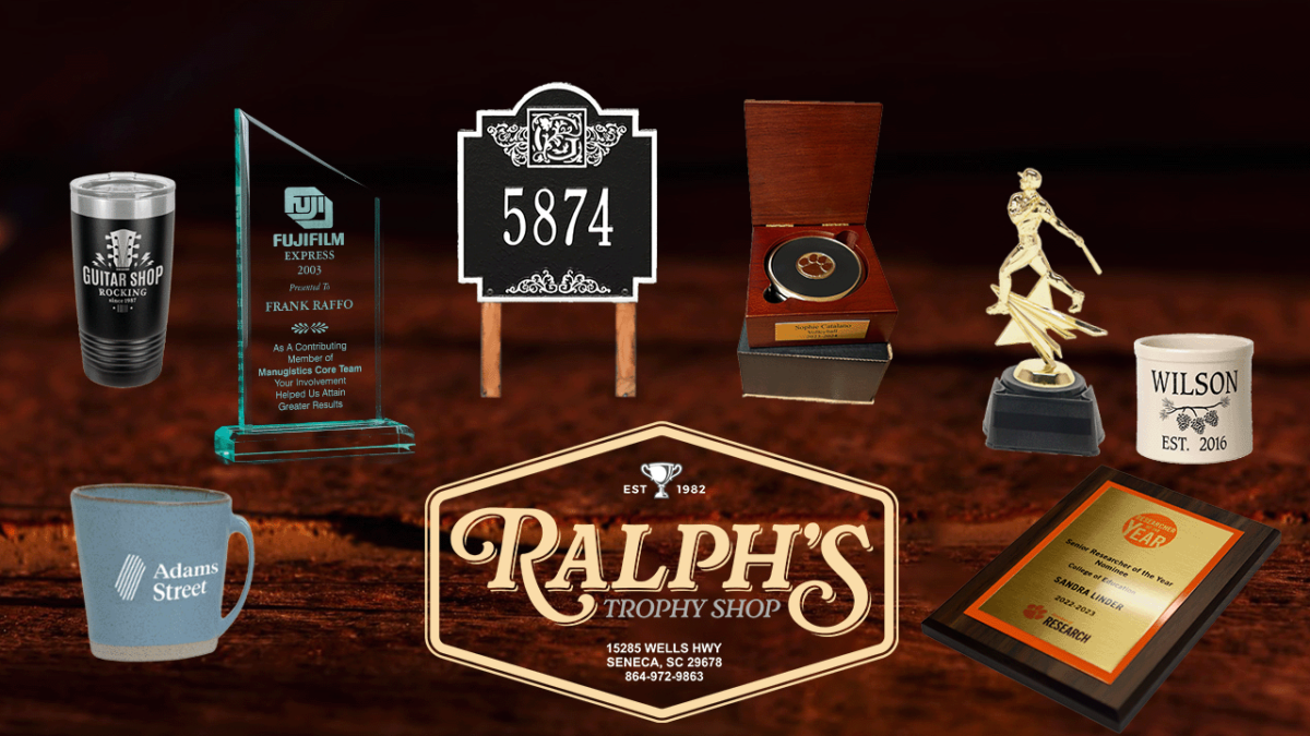 Hero Image showing some of the various items Ralph's Trophy Shop Offers.